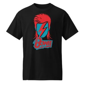 Black t-shirt from LEDA featuring a stylized red and blue graphic of David Bowie as Aladdin Sane, with the iconic lightning bolt face makeup and 'Bowie' text logo.