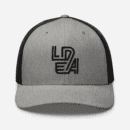 Gray and black retro trucker hat with LEDA logo embroidery.