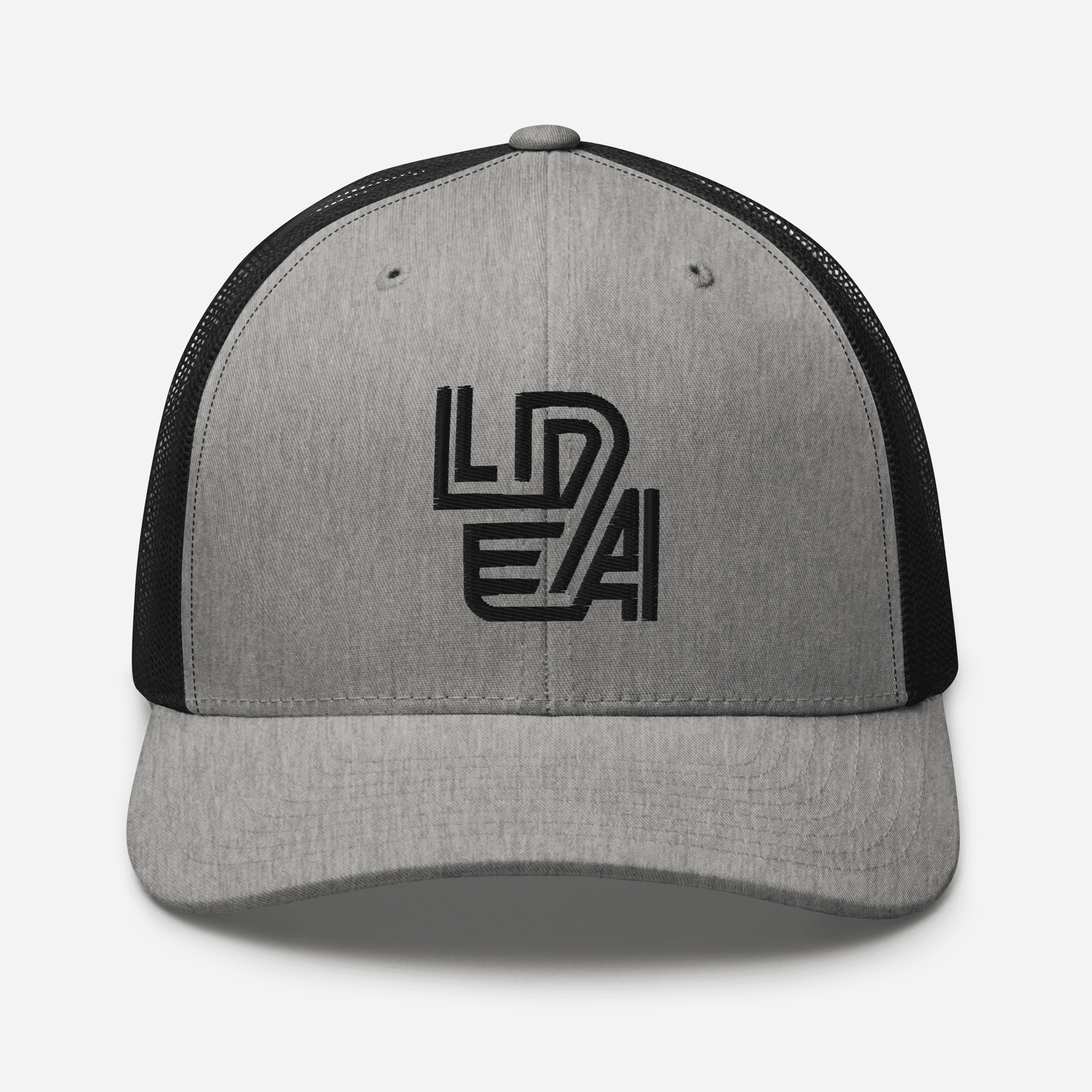 Gray and black retro trucker hat with LEDA logo embroidery.
