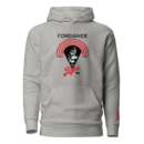 Grey pullover hoodie from LEDA featuring a retro Foreigner 'Live at the Rainbow '78' concert graphic with the band photo, red arches, stars, and LEDA logo on the sleeve.