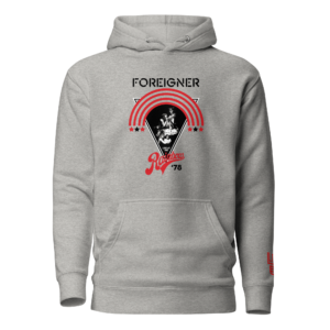 Grey pullover hoodie from LEDA featuring a retro Foreigner 'Live at the Rainbow '78' concert graphic with the band photo, red arches, stars, and LEDA logo on the sleeve.