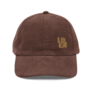 Front view of a brown vintage corduroy cap with LEDA embroidered logo. Back view of a brown vintage corduroy cap with adjustable strap and brass buckle.